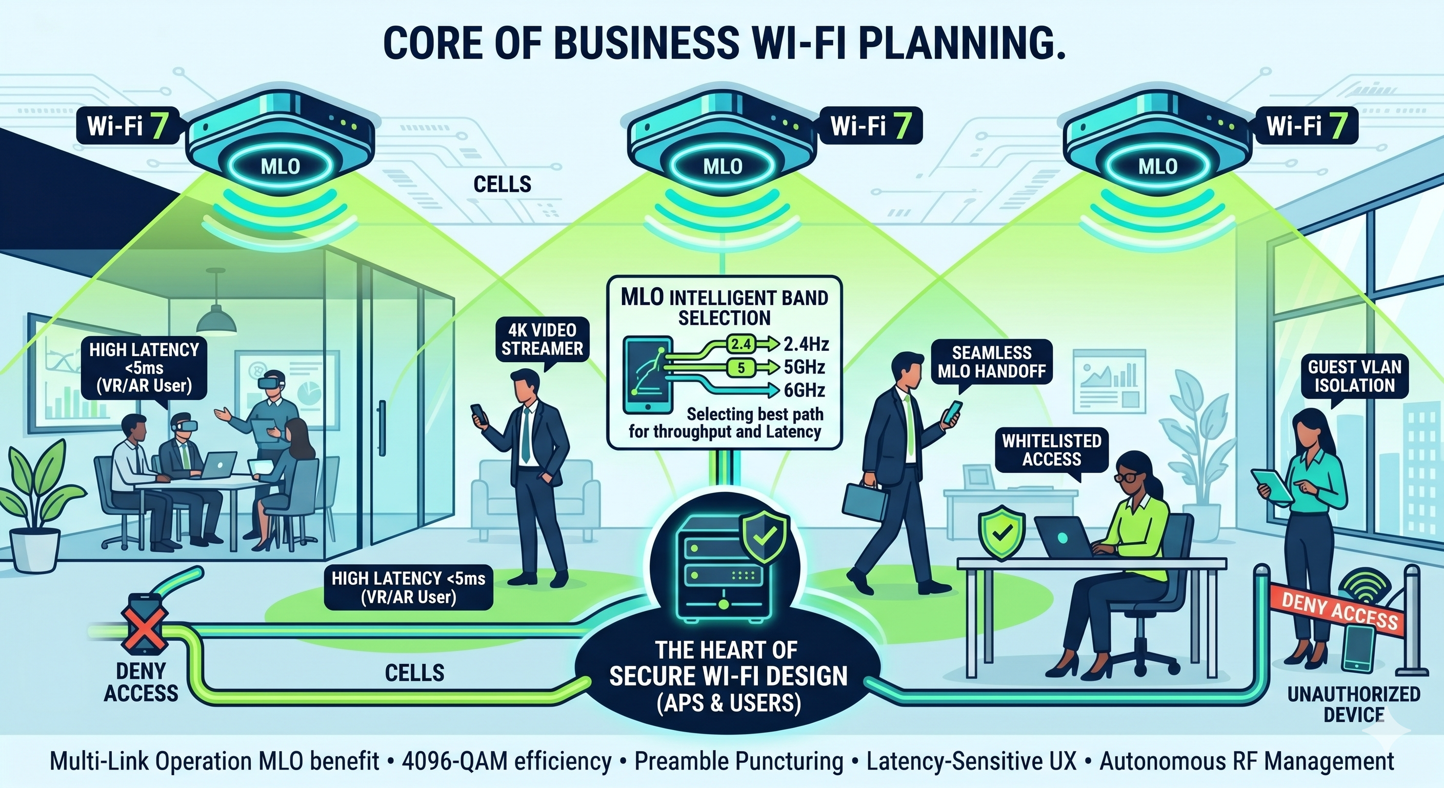Wi-Fi planning overview: site survey, AP placement, 6GHz coverage cells, and cell overlap